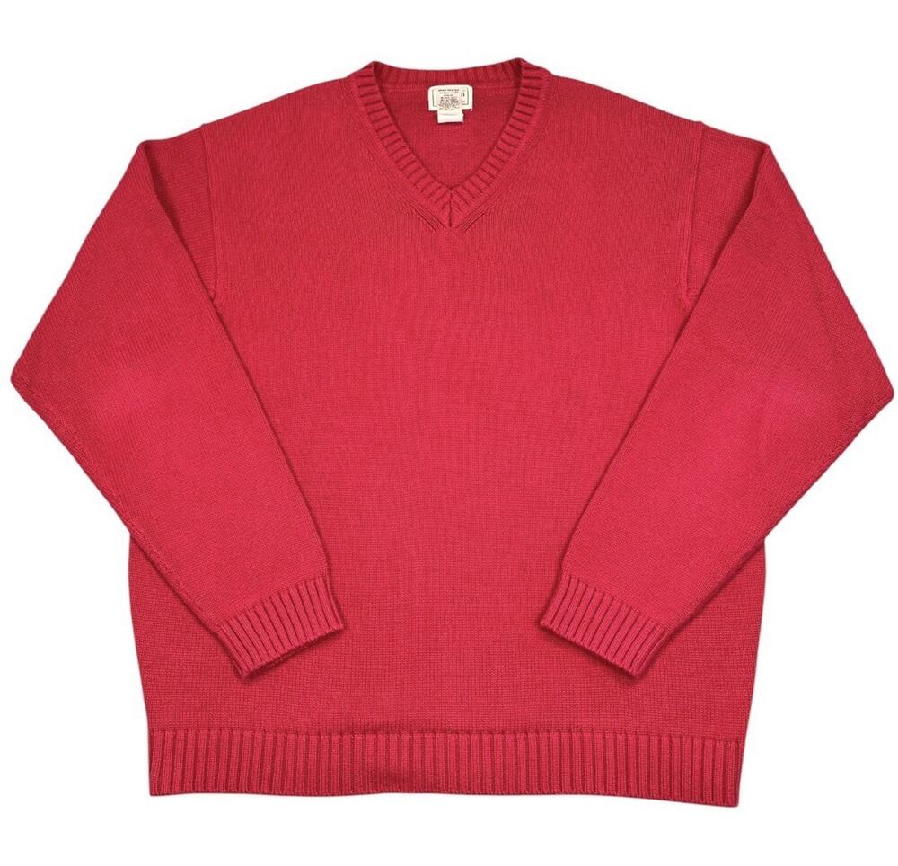 LL Bean Mens V-Neck Sweater Red 100% Cotton Made in Thailand Large